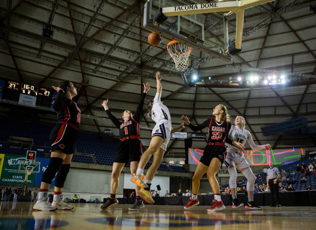 Glacier Peaks Shaylin Sande makes a layup during the game against Camas at the Hardwood Classic on Wednesday, March 4, 2020 in Tacoma, Wa. (Olivia Vanni / The Herald)