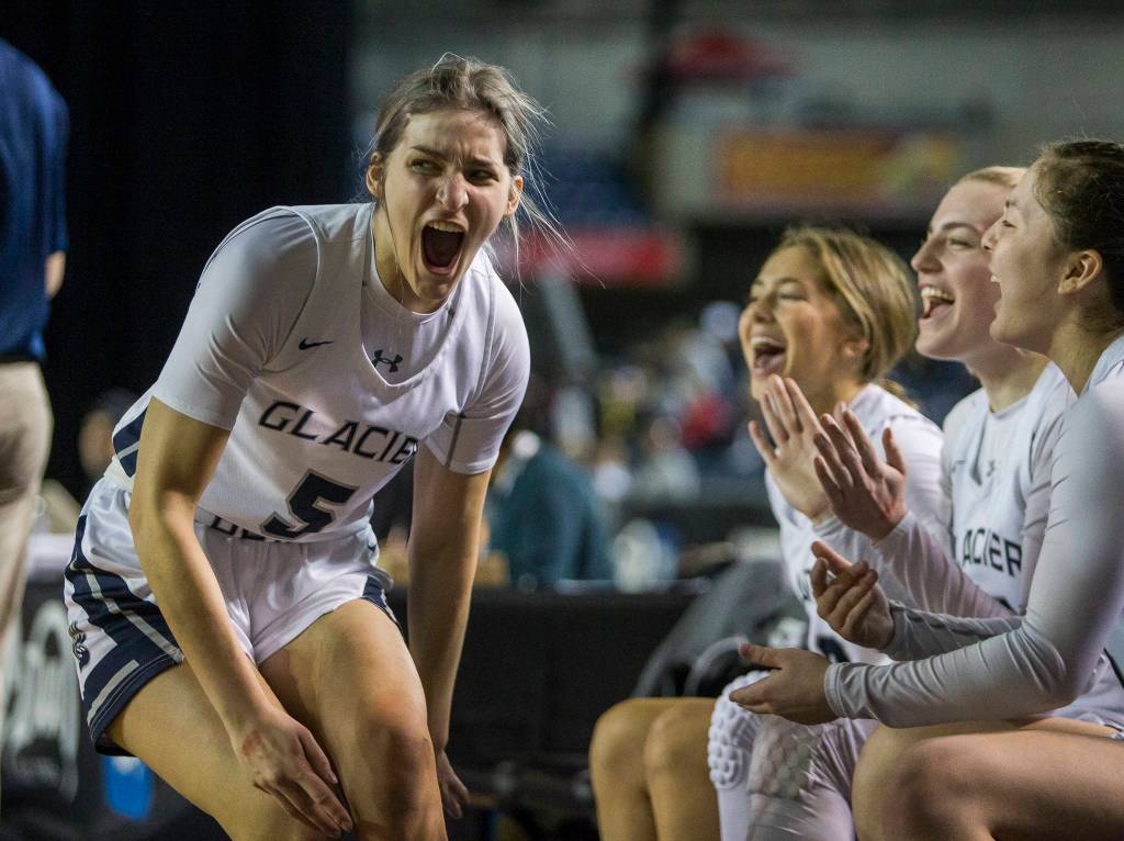 Glacier Peaks Shaylin Sande yells as her name is calle before the start of the game against Camas at the Hardwood Classic on Wednesday, March 4, 2020 in Tacoma , Wa. (Olivia Vanni / The Herald)