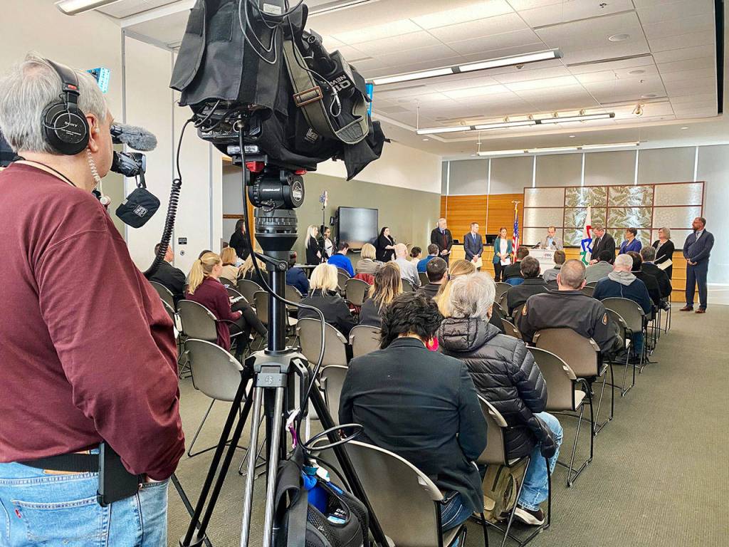 Snohomish County officials speak at a news conference Thursday morning in Everett about COVID-19 response and declarations of emergency. (Andrea Brown / The Herald)