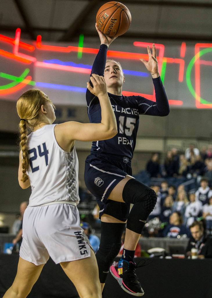 Glacier Peaks Madison Rubino attempts a layup during the quarterfinal game against Chiawana at the Hardwood Classic on Thursday, March 5, 2020 in Tacoma , Wa. (Olivia Vanni / The Herald)