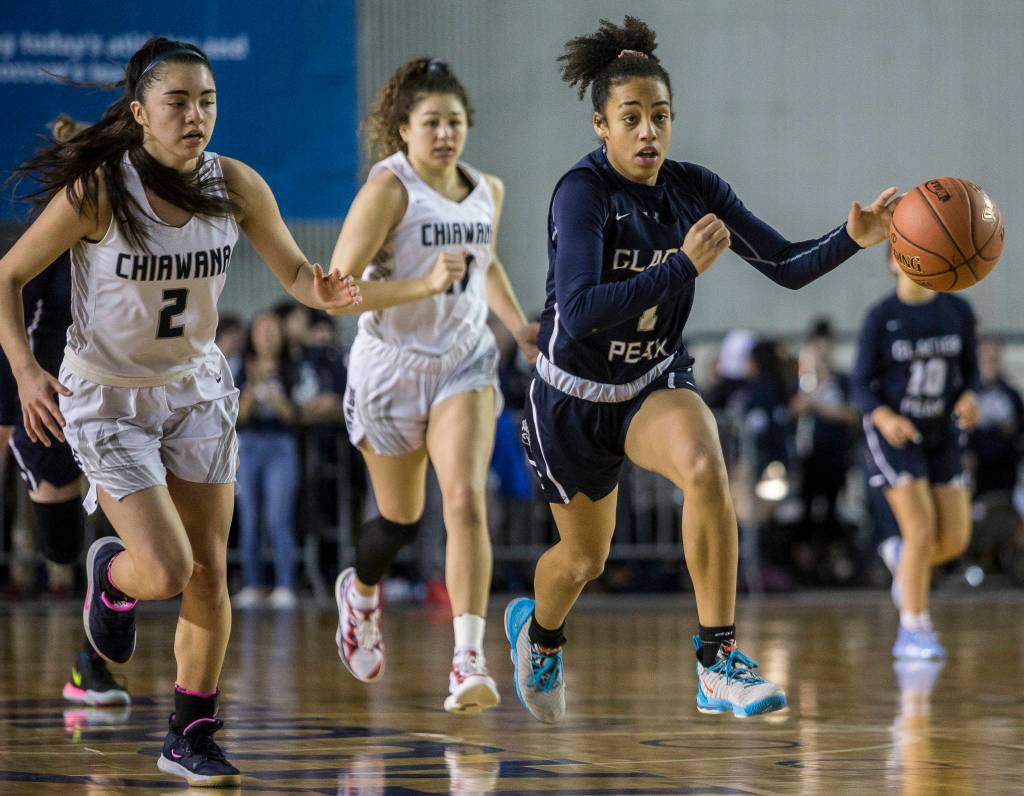Glacier Peaks Aaliyah Collins gets a breakaway during the quarterfinal game against Chiawana at the Hardwood Classic on Thursday, March 5, 2020 in Tacoma , Wa. (Olivia Vanni / The Herald)