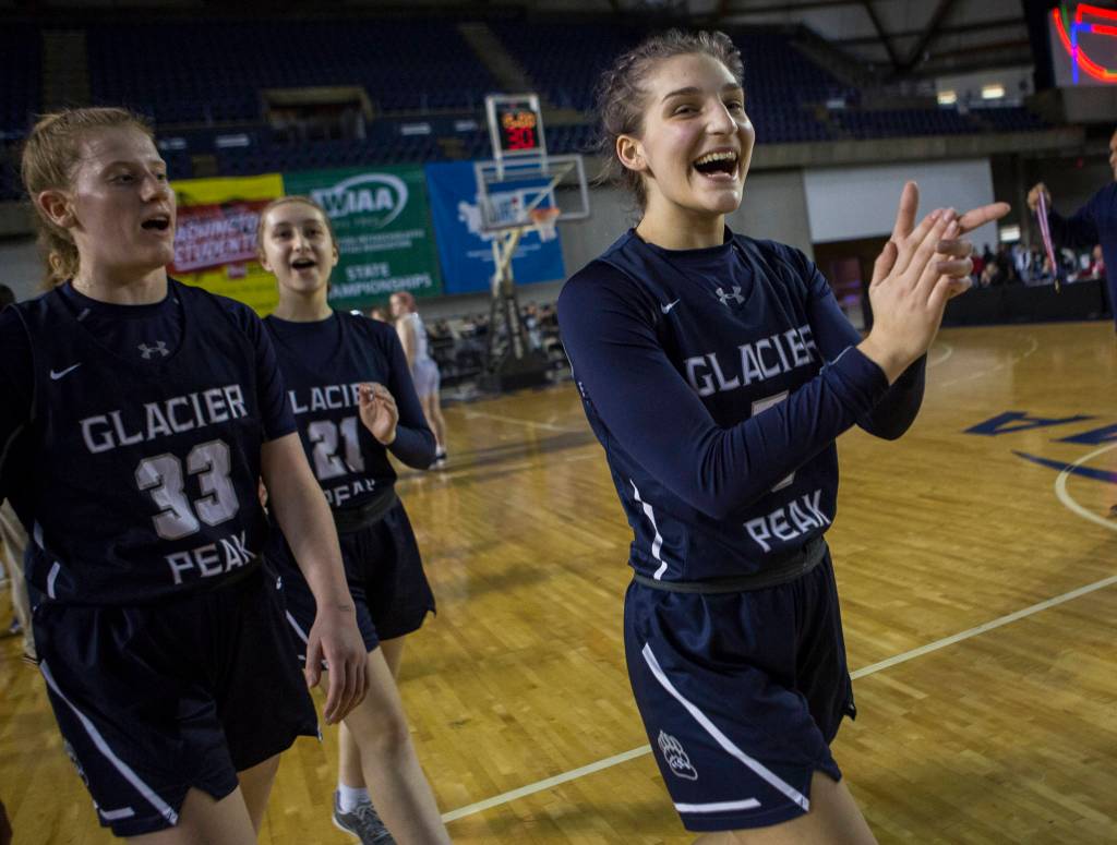 Glacier Peaks Shaylin Sande reacts to beating Chiawana at the Hardwood Classic on Thursday, March 5, 2020 in Tacoma , Wa. (Olivia Vanni / The Herald)