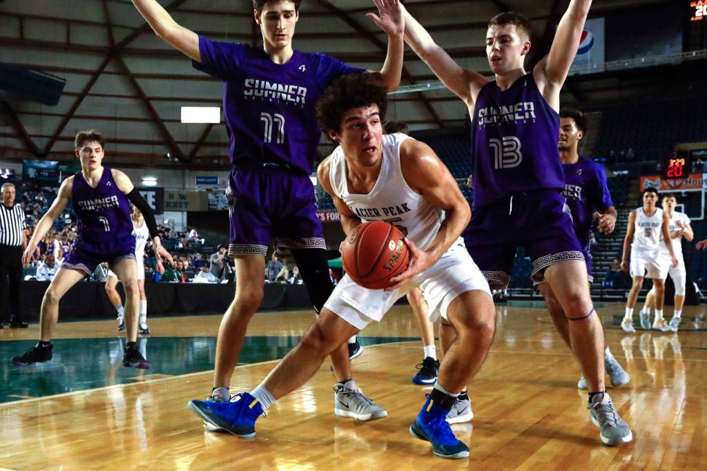 Glacier Peak defeated Sumner, 57-52, to advance to the semifinalsThursday evening at the Tacoma Dome on March 5, 2020. (Kevin Clark / The Herald)