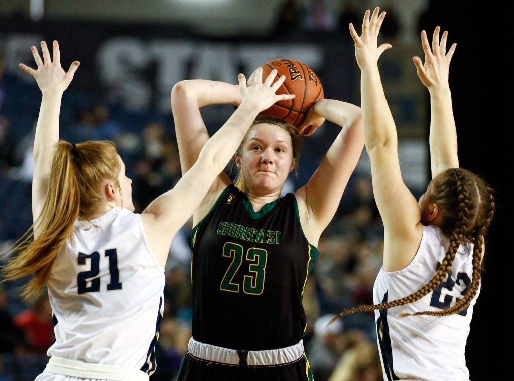 Arlington defeated Shorecrest, 50-49, to advance to the semifinalsThursday evening at the Tacoma Dome on March 5, 2020. (Kevin Clark / The Herald)