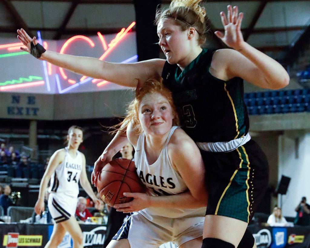 Arlington defeated Shorecrest, 50-49, to advance to the semifinalsThursday evening at the Tacoma Dome on March 5, 2020. (Kevin Clark / The Herald)
