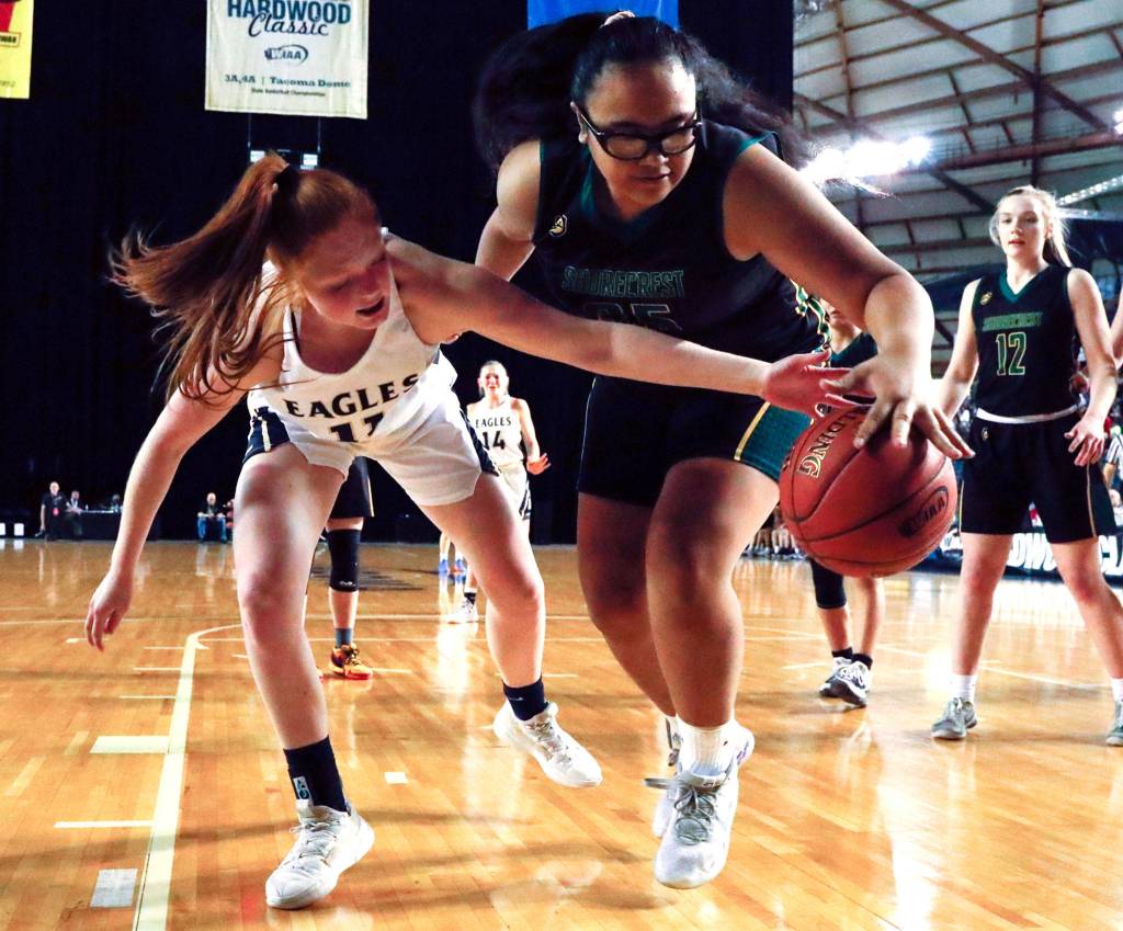 Arlington defeated Shorecrest, 50-49, to advance to the semifinalsThursday evening at the Tacoma Dome on March 5, 2020. (Kevin Clark / The Herald)