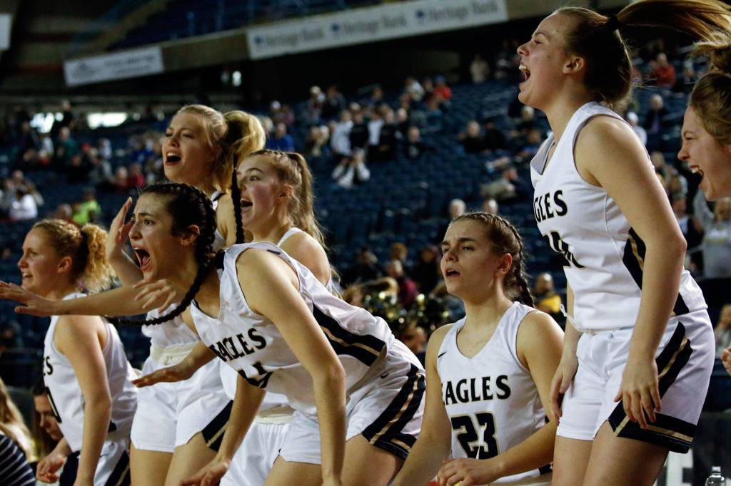 Arlington defeated Shorecrest, 50-49, to advance to the semifinalsThursday evening at the Tacoma Dome on March 5, 2020. (Kevin Clark / The Herald)