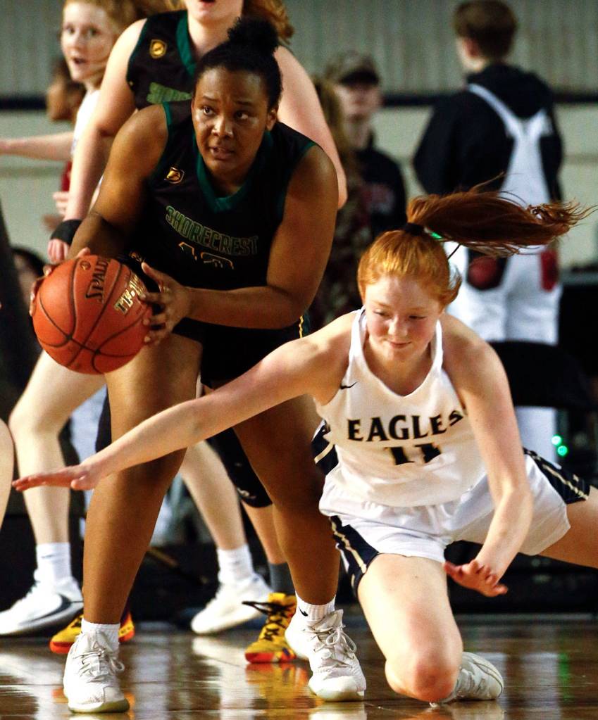 Arlington defeated Shorecrest, 50-49, to advance to the semifinalsThursday evening at the Tacoma Dome on March 5, 2020. (Kevin Clark / The Herald)