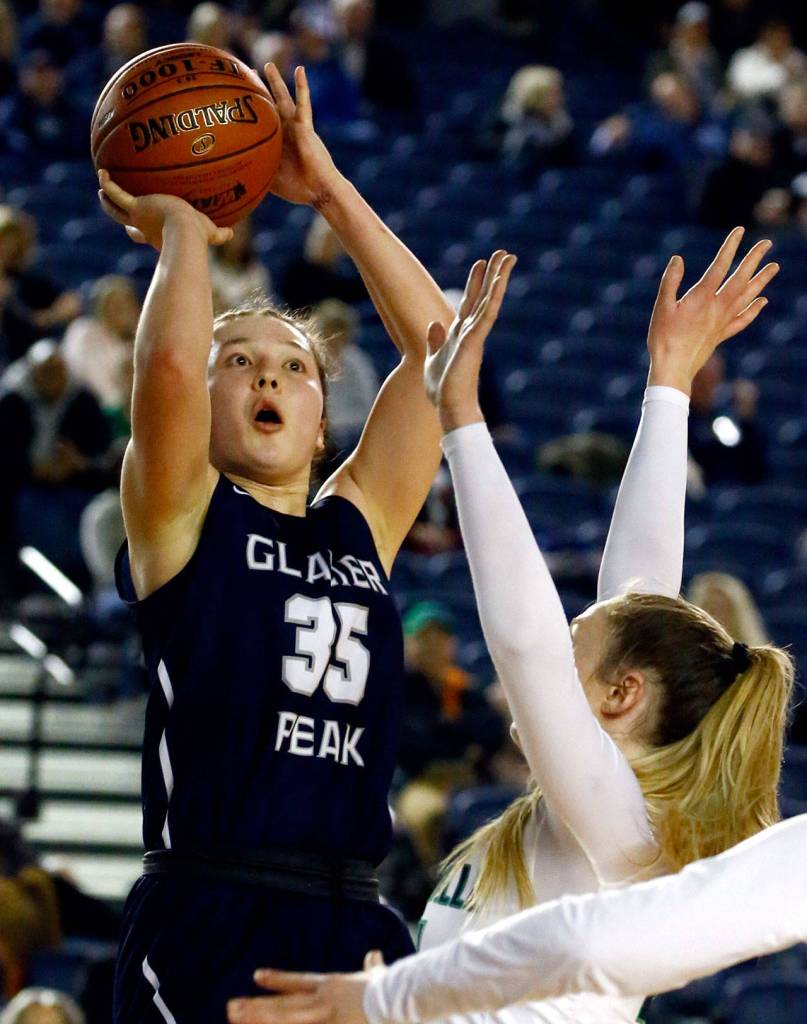 Glacier Peak lost to Woodinville, 63-41, in the semifinals Friday afternoon at the Tacoma Dome on March 6, 2020. (Kevin Clark / The Herald)