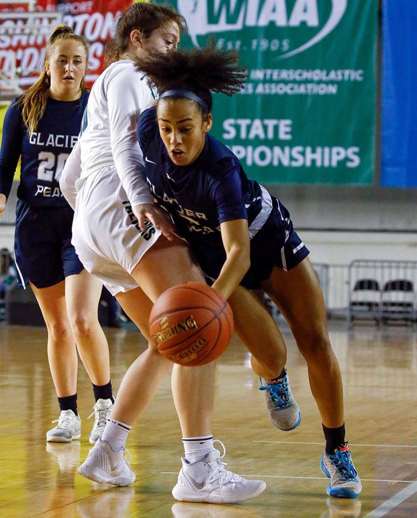 Glacier Peak lost to Woodinville, 63-41, in the semifinals Friday afternoon at the Tacoma Dome on March 6, 2020. (Kevin Clark / The Herald)