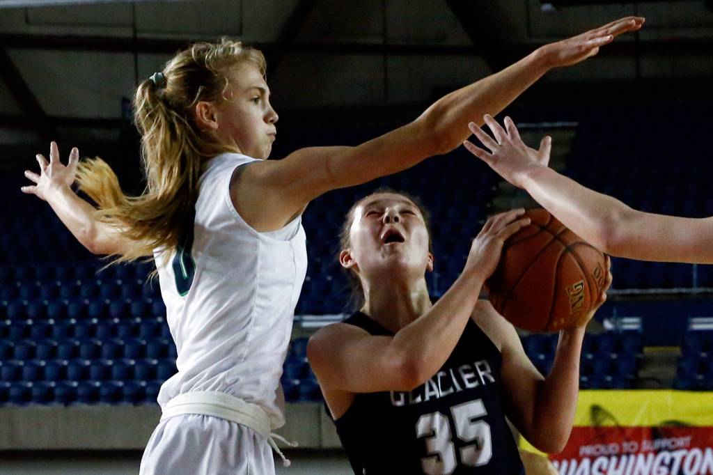 Glacier Peak lost to Woodinville, 63-41, in the semifinals Friday afternoon at the Tacoma Dome on March 6, 2020. (Kevin Clark / The Herald)