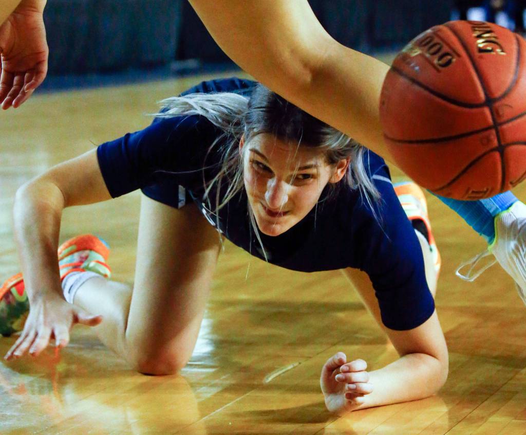 Glacier Peak lost to Woodinville, 63-41, in the semifinals Friday afternoon at the Tacoma Dome on March 6, 2020. (Kevin Clark / The Herald)