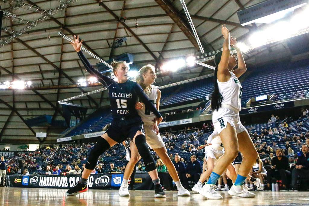Glacier Peak lost to Woodinville, 63-41, in the semifinals Friday afternoon at the Tacoma Dome on March 6, 2020. (Kevin Clark / The Herald)