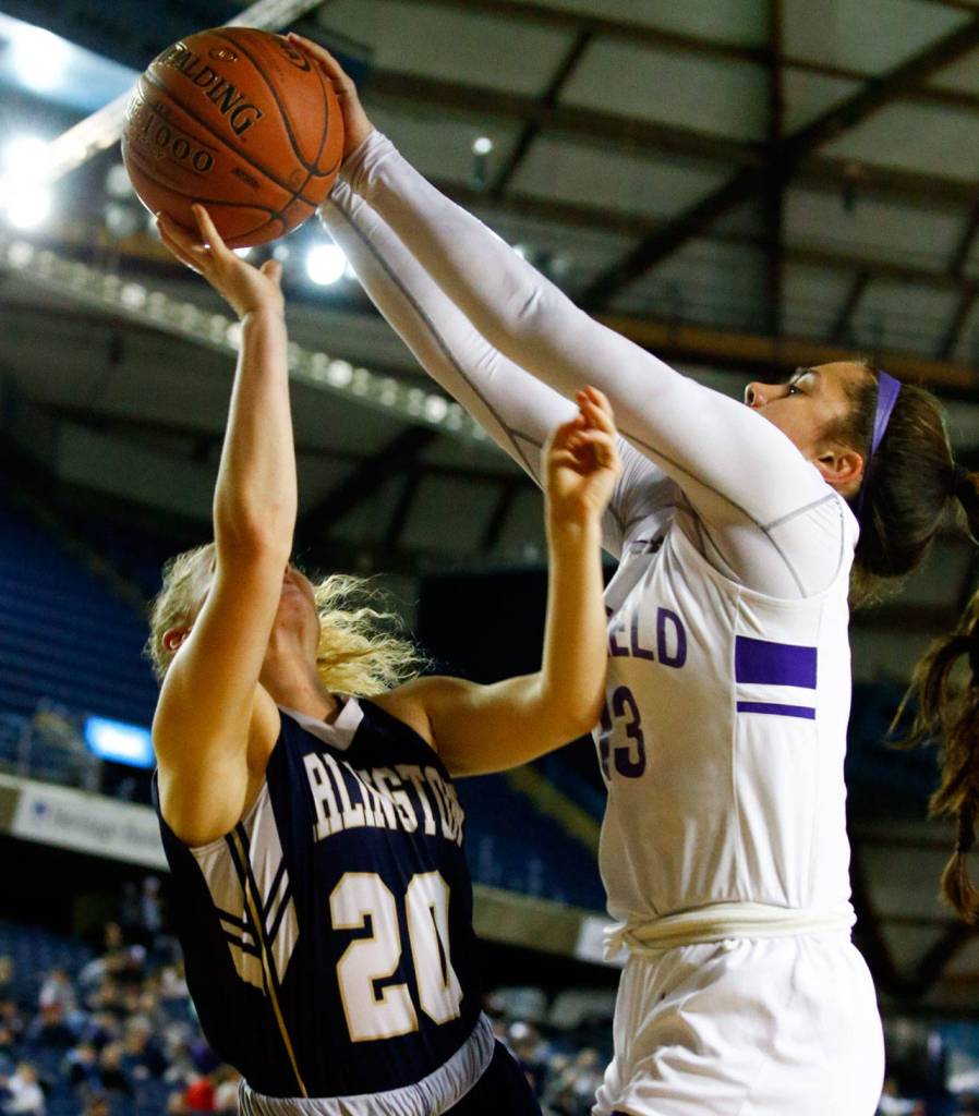 Arlington lost Garfield, 53-36, in the 3A semifinals Friday evening at the Tacoma Dome on March 6, 2020. (Kevin Clark / The Herald)