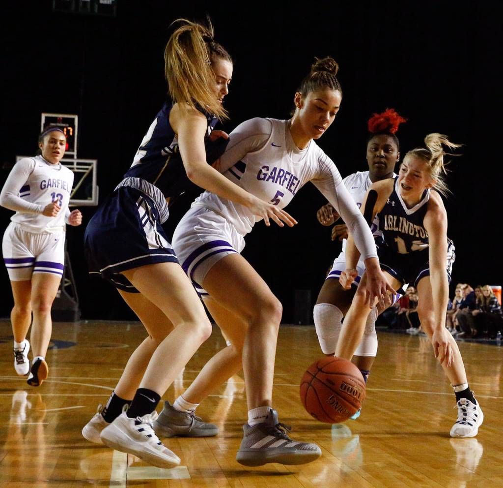 Arlington lost Garfield, 53-36, in the 3A semifinals Friday evening at the Tacoma Dome on March 6, 2020. (Kevin Clark / The Herald)