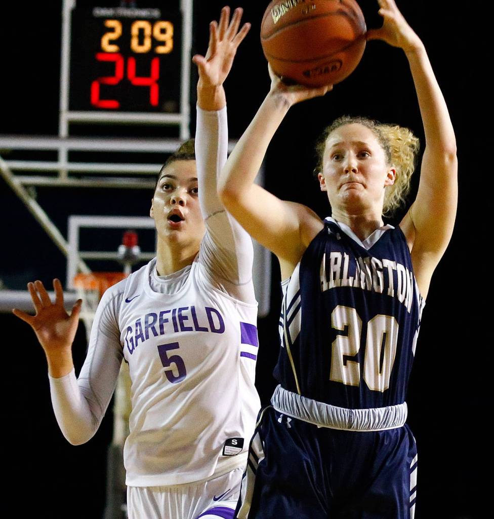 Arlington lost Garfield, 53-36, in the 3A semifinals Friday evening at the Tacoma Dome on March 6, 2020. (Kevin Clark / The Herald)