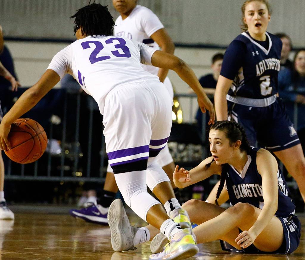 Arlington lost Garfield, 53-36, in the 3A semifinals Friday evening at the Tacoma Dome on March 6, 2020. (Kevin Clark / The Herald)