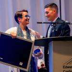 At the 2018 Cocoon House Butterfly Celebration, Everett Mayor Cassie Franklin receives an award from Joe Alonzo, now the agencys CEO. The celebration has been canceled this year due to coronavirus. (Dan Bates / The Herald)