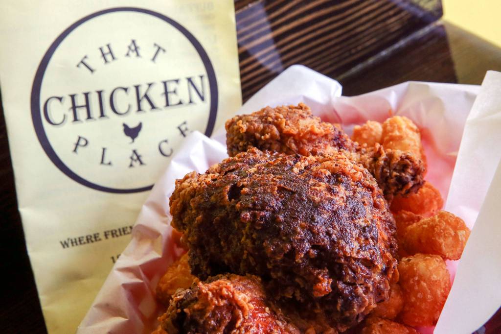 A basket of Nashville-style fried chicken with tater tots at That Chicken Place in Everett. (Kevin Clark / The Herald)