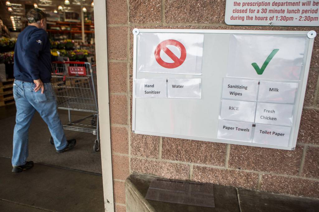 A board at the entrance that is regularly updated shows what Costco has in stock and what is out of stock on Tuesday. (Olivia Vanni / The Herald)