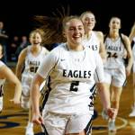 Arlington junior Hailey Hiatt celebrates her game-winner against Shorecrest in the state quarterfinals. (Kevin Clark / The Herald)
