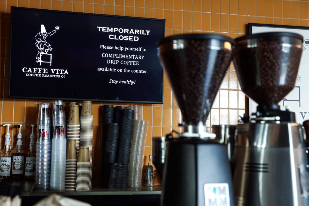 Free coffee is available at the temporarily closed Cafe Vita on Tuesday afternoon at Paine Field. (Kevin Clark / The Herald)