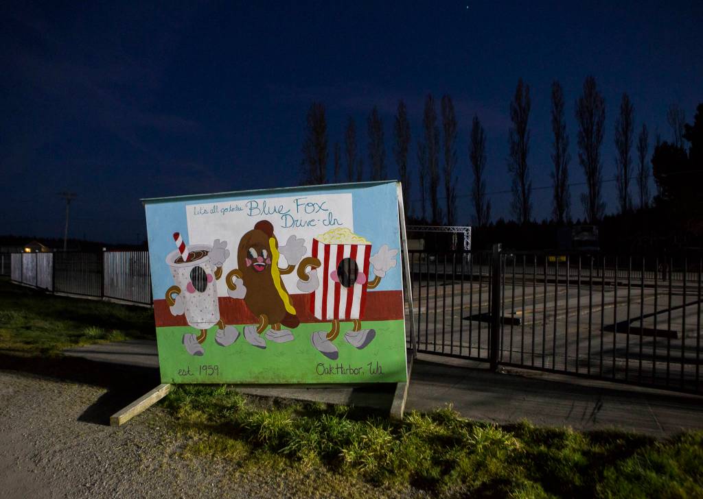 Floodlights illuminate a stand-up board with concessions painted on it. (Olivia Vanni / The Herald)