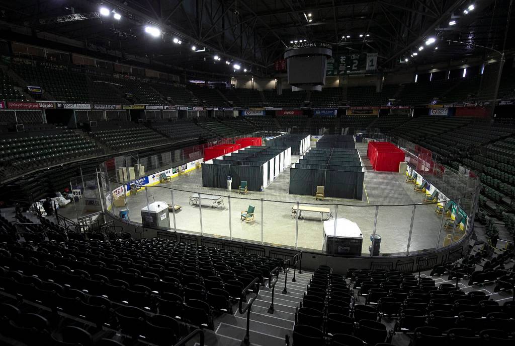 The main rink at the Angel of the Winds Arena is now a COVID-19 isolation site. Usually, the Silvertips play hockey here. (Andy Bronson / The Herald)