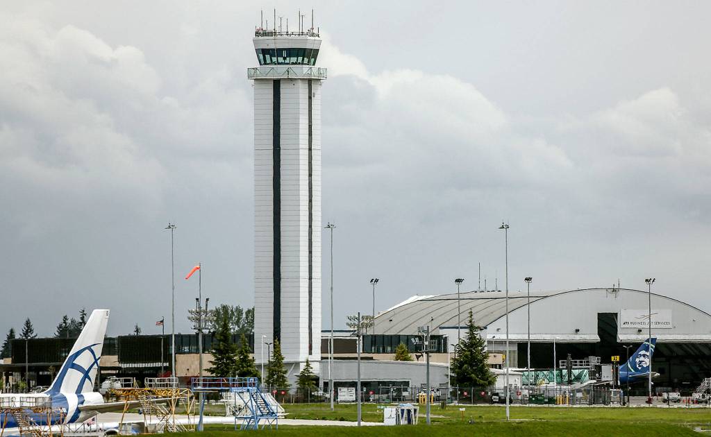 Paine Field Airport received only $157,000 in CARES Act Stimulus Money. By comparison, Bellingham International Airport, which served 300,000 fewer customers in 2019, received $5 million. (Kevin Clark / The Herald)