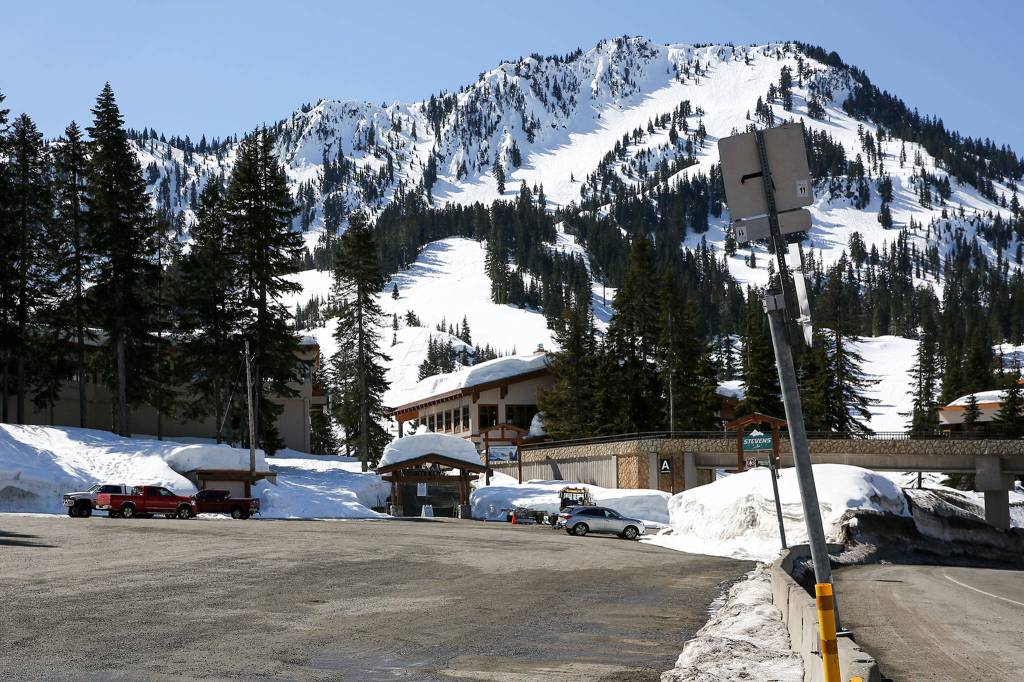 The ski slopes at Stevens Pass are empty because of the COVID-19 quarantine order. (Kevin Clark / The Herald)