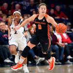 Oregon State guard Mikayla Pivec (0), a Lynnwood High School alum, dribbles up the court during the second half of a game against Arizona on Jan. 10, 2020, in Tucson, Ariz. (AP Photo/Rick Scuteri)