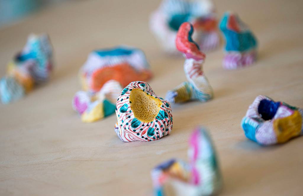 Everett artist Cat Snapps abstract sculptures made of Sculpey, a polymer clay material. (Andy Bronson / The Herald)