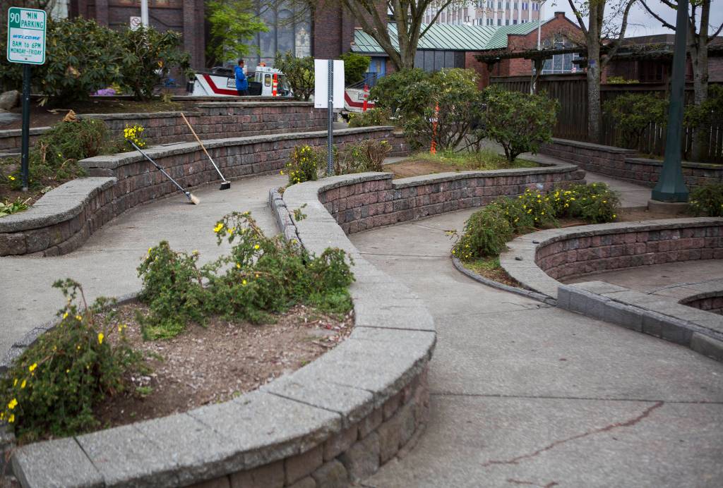 A path at Matthew Parsons Park, where the Snohomish County sheriff deputies cleared out a homeless camp on Tuesday in Everett. (Olivia Vanni / The Herald)