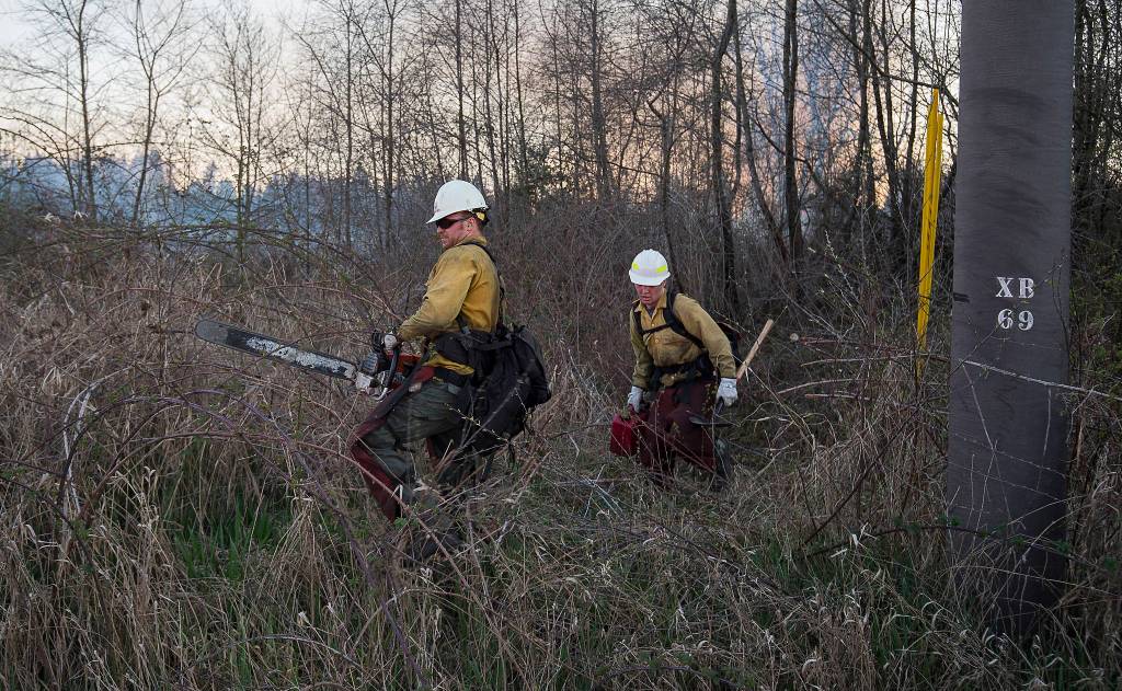 Department of Natural Resources firefighters Josh Etringer and John Goodwin cut and clear a path as they battle to keep fire from reaching power poles along Highway 9 on Wednesday in Bryant. (Andy Bronson / The Herald)