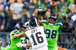 Voters want the Seattle Seahawks to provide more support for Rasheem Green (98), who led the Seahawks with just four sacks last season, and the rest of the defensive line during next weeks NFL draft. (Mike Siegel/Seattle Times/TNS)