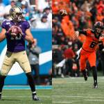 Left: Washington quarterback Jacob Eason, a Lake Stevens alum, looks to throw the ball during a game against BYU on Sept. 21, 2019, in Provo, Utah. Right: Oregon State quarterback Jake Luton, a Marysville Pilchuck alum, throws a pass during a game against Stanford on Sept. 28, 2019, in Corvallis, Ore. (Associated Press)