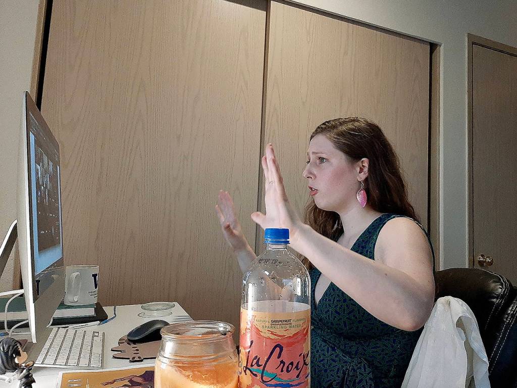 From her bedroom office, Hannah Patten, 27, defends her thesis on a Zoom call with her professors on Friday for a Master of Fine Arts degree in digital arts from DigiPen Institute of Technology in Redmond. (Submitted photo)