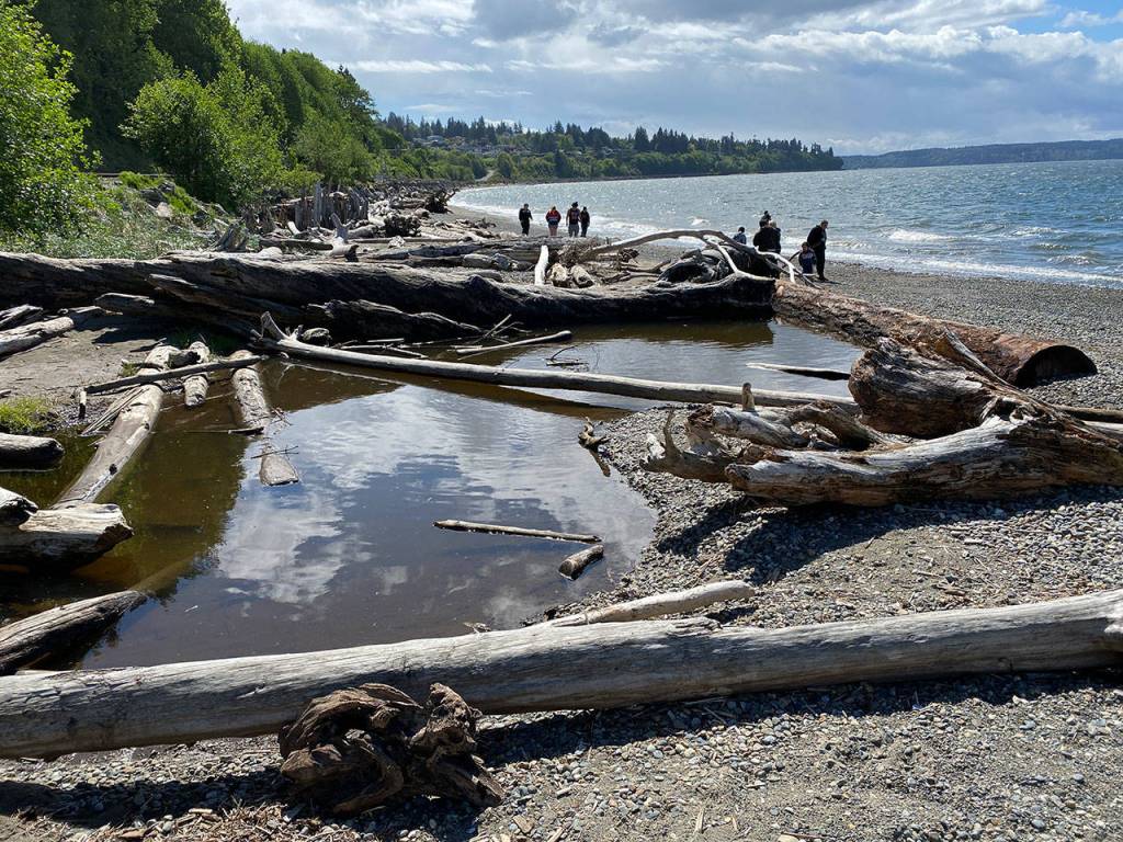 People walk along the beach at Howarth Park in Everett on Wednesday. (Sue Misao / The Herald)