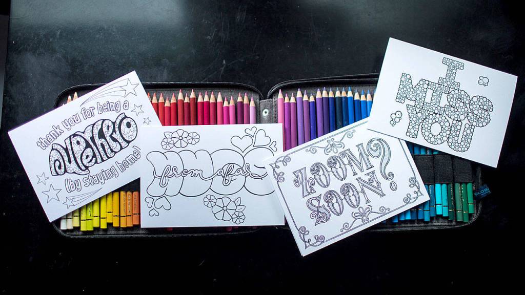 Rosemary Jones made a set of four pandemic greeting cards in black and white, so you can color them. (Josh Jones)