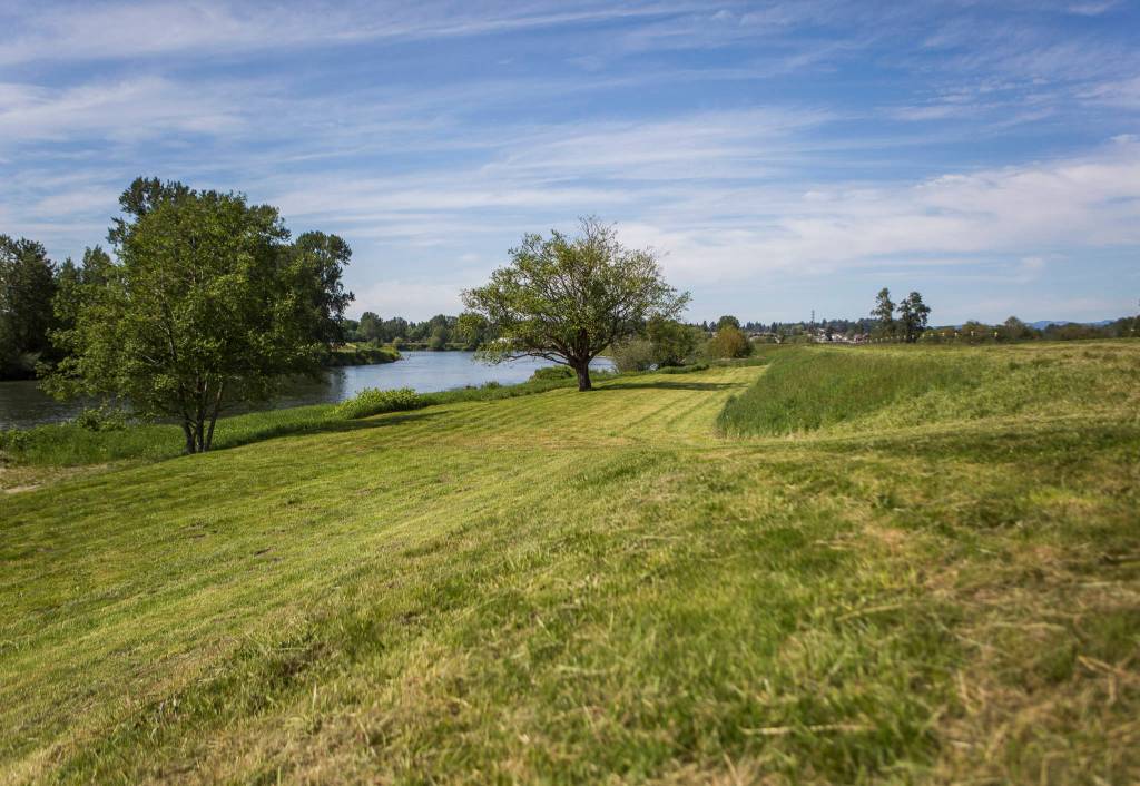 A riverside wedding ceremony space sits empty at Pemberton Farm in Snohomish. (Olivia Vanni / The Herald)