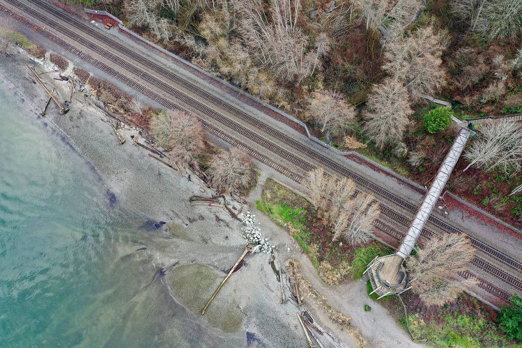 The beach at Howarth Park in Everett, as seen from a drone. At right is the pedestrian bridge over the BNSF Railway tracks. (Chuck Taylor / The Herald)