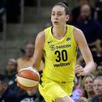 The Storms Breanna Stewart brings the ball up court during a game against the Liberty on Aug. 17, 2018, in Seattle. (AP Photo/Elaine Thompson)