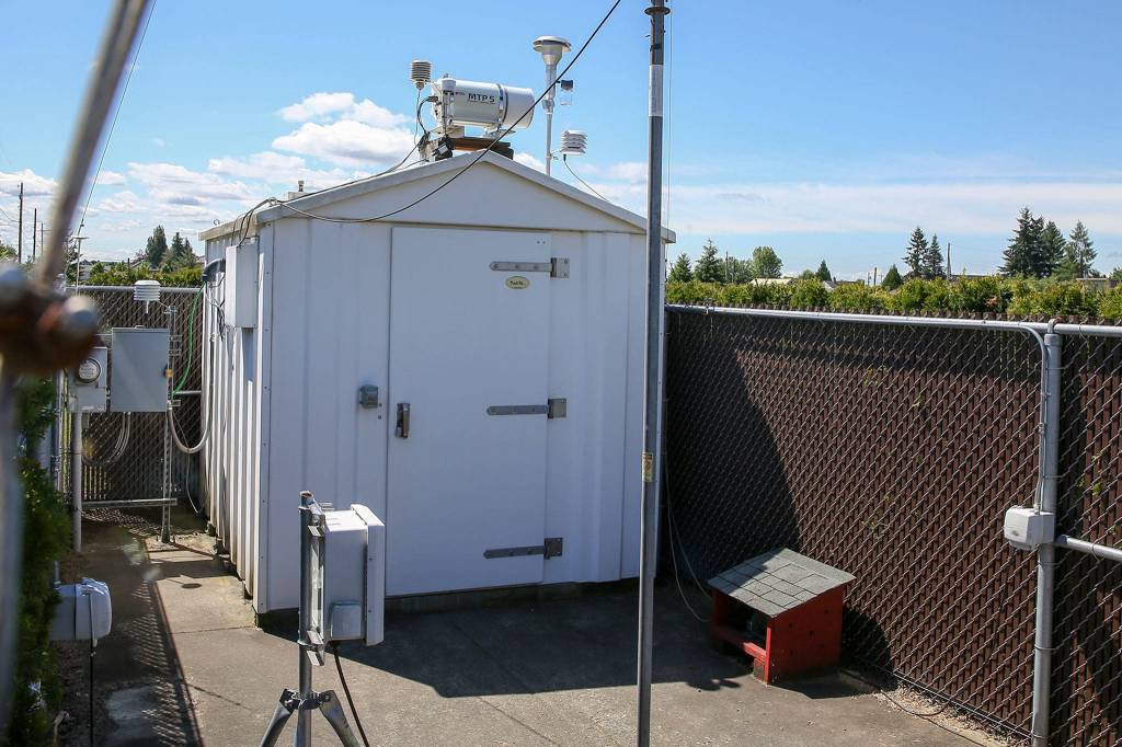 The Puget Sound Clean Air Agency air quality monitor shows how much particulate matter is in the air in Marysville. (Kevin Clark / The Herald)