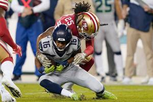 San Francisco 49ers cornerback Richard Sherman (25) tackles Seattle Seahawks wide receiver Tyler Lockett (16) during the Seahawks 27-24 overtime victory last November at Levis Stadium. (AP Photo/Tony Avelar)