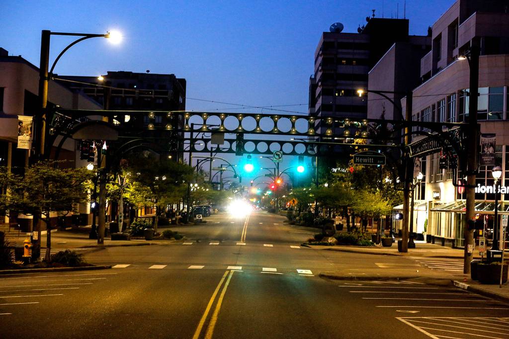 Empty downtown streets in Everett. (Kevin Clark / The Herald)