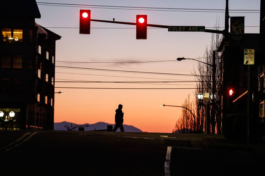 Empty downtown streets in Everett. (Kevin Clark / The Herald)