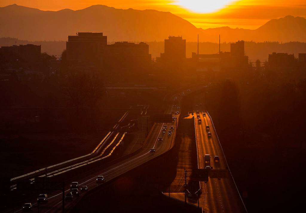 Traffic moves along U.S. 2 before the start of a stay-home directive by Everett Mayor Cassie Franklin in March. (Olivia Vanni / The Herald)