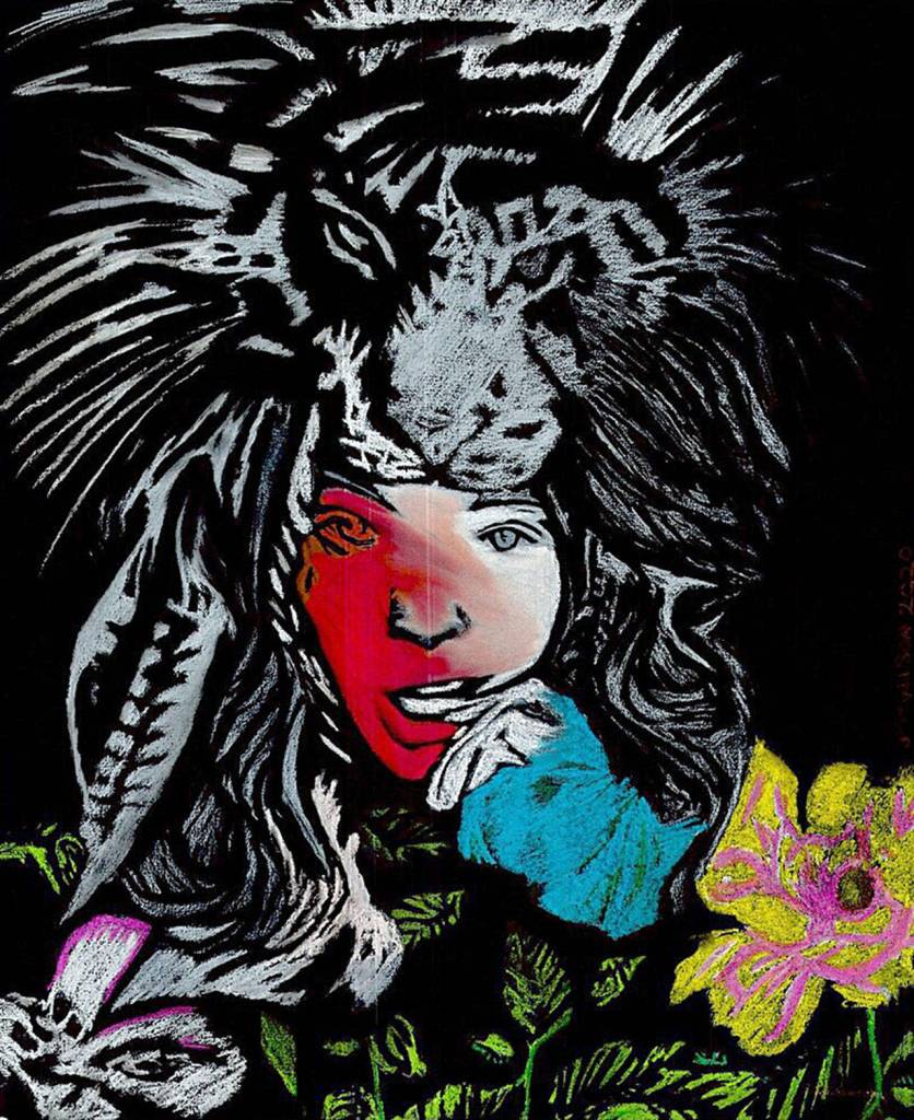 Julius Wilson drew Xena from TVs Xena: Warrior Princess wearing a tiger head as a hood and red war paint smeared across her face.