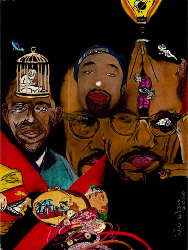 Julius Wilsons surrealistic portrait of some of his personal heroes, including human rights activist Malcolm X and former President Barack Obama.