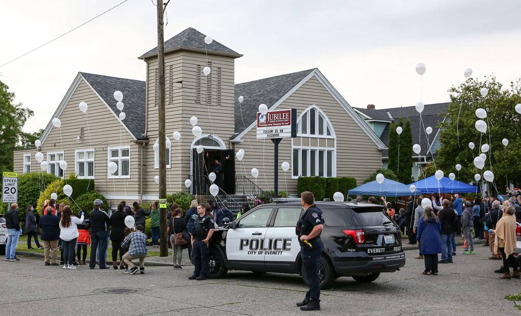 Balloons are released during the community prayer vigil at Jubilee Church of God in Christ in Everett on Friday afternoon June 12, 2020. (Kevin Clark / The Herald)